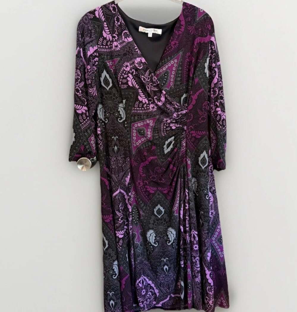 Purple Paisley Black Whimsigoth Ruched V-Neck Moody Dress. 12 Meas In Pics. - Picture 1 of 8
